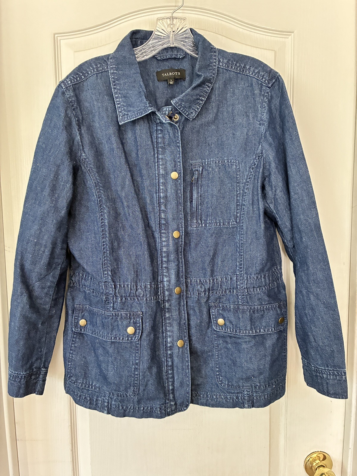 Talbots Safari Hemp Blend Denim Jacket Front 4 Pockets Women’s Blue Wash Large