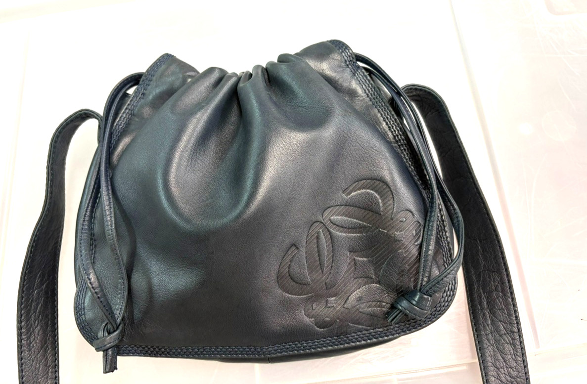LOEWE Logo Drawstring Anagram Shoulder Bag Leather Navy Blue GHW Spain 83KD267