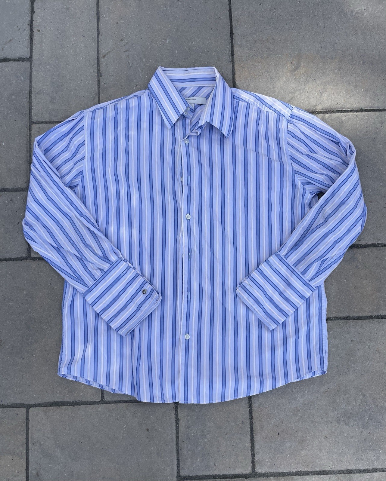 Perry Ellis Men’s Portfolio Dress Shirt, Blue, Striped, Long Sleeve, Button-Up