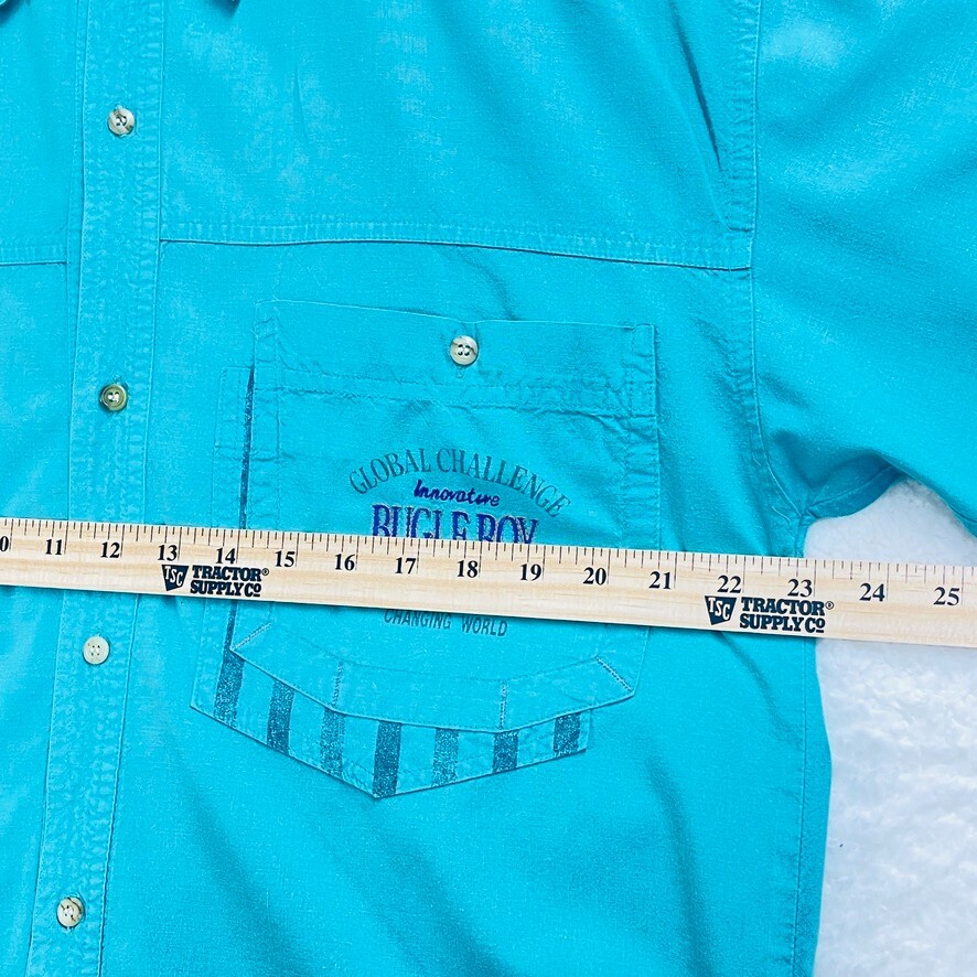 Rare Vtg 90s Bugle Boy Global Challenge Shirt Mens Sz Med. Teal Chambray Cotton