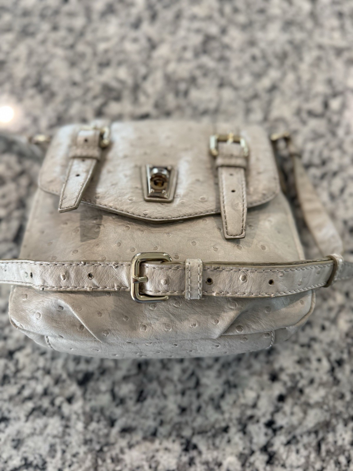 Marc by Marc Jacobs Gray Ostrich Shoulder Bag Turn Lock Buckle Silver Hardware