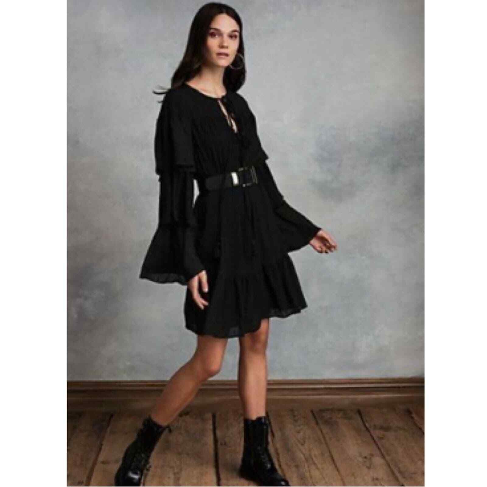 NWT Happy X Nature XL Tiered Swiss Dot Dress Black Long Sleeves