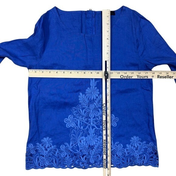 J. Crew Women’s Royal Blue Embroidered Linen Blouse Top Size 4 3/4 Sleeve Floral