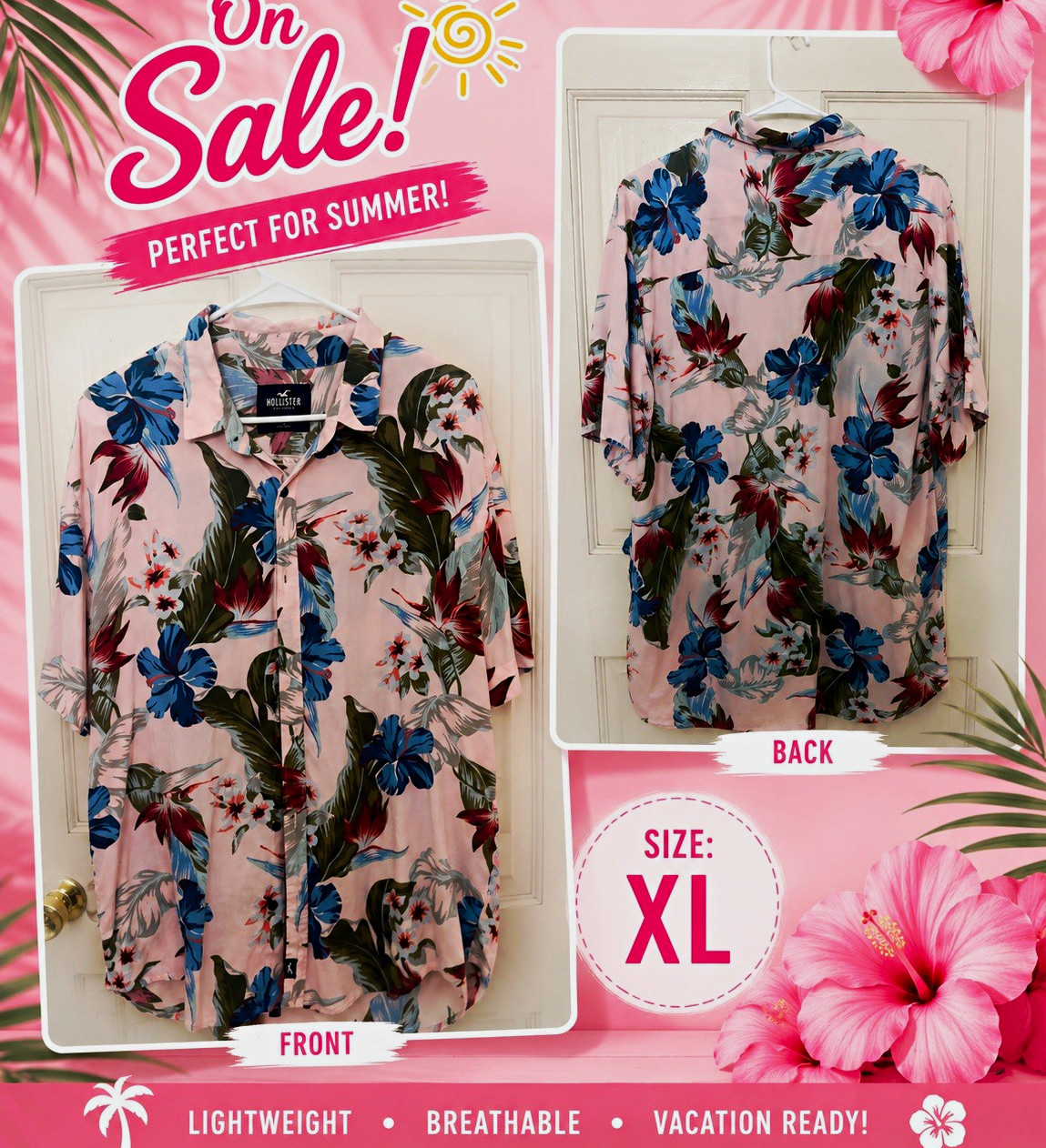 Hollister Men’s XL Tropical Floral Button-Up Shirt Pink Short Sleeve Collared