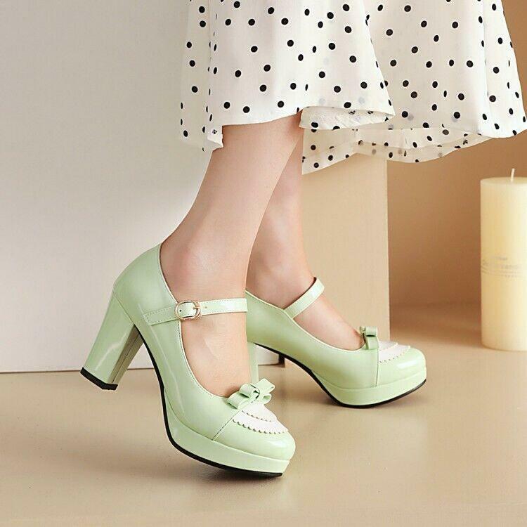 Womens Bowknot Platform Mary Janes Shoes Lolita Pumps Block Heels Fashion Shoes