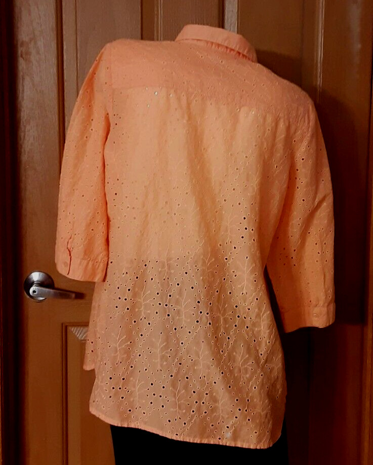 Chico’s Orange Eyelet Blouse Bracelet Sleeves Pockets Misses Size 2 (Reg 12)