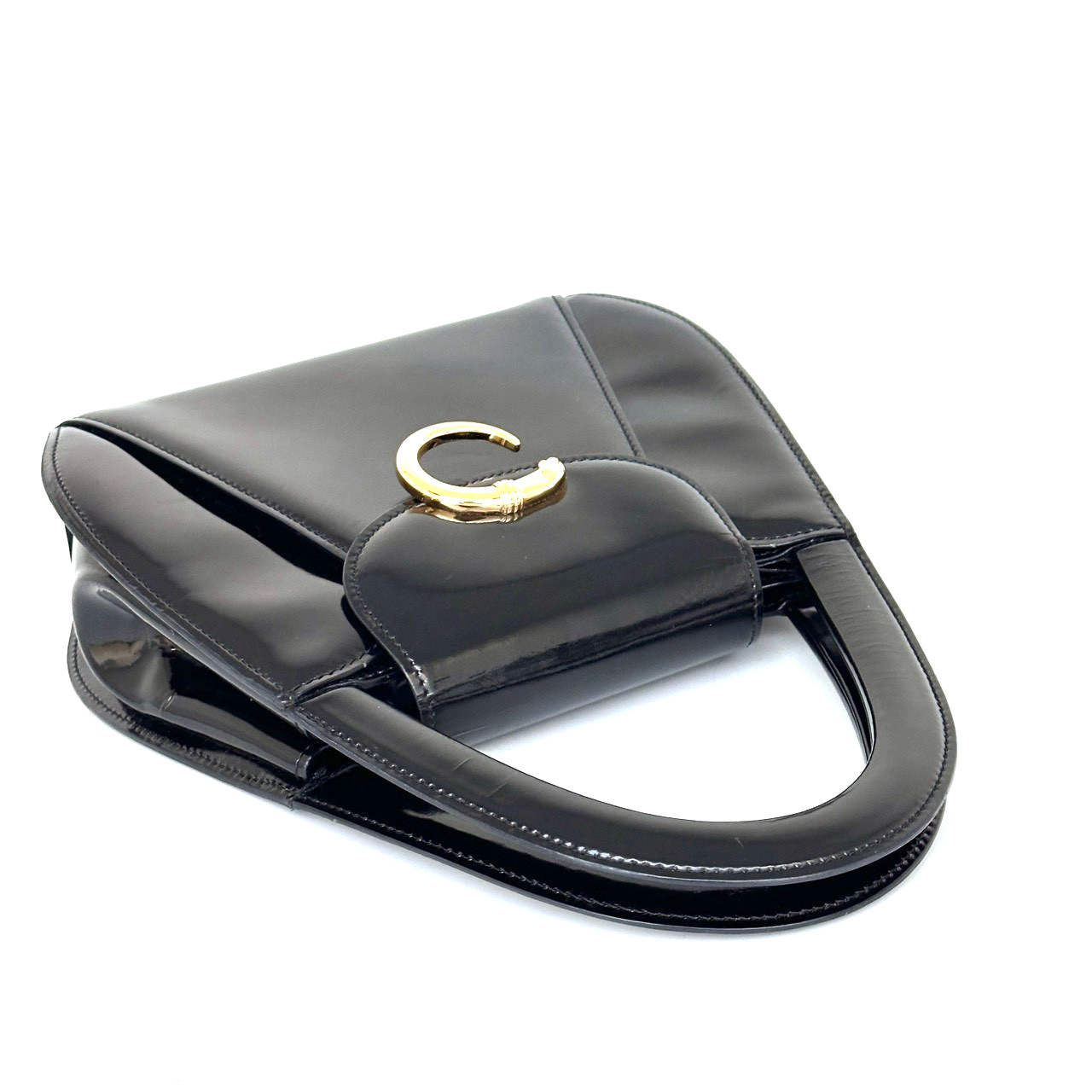 Cartier Panthere Hand Bag Patent Leather Black Gold Buckle Authentic