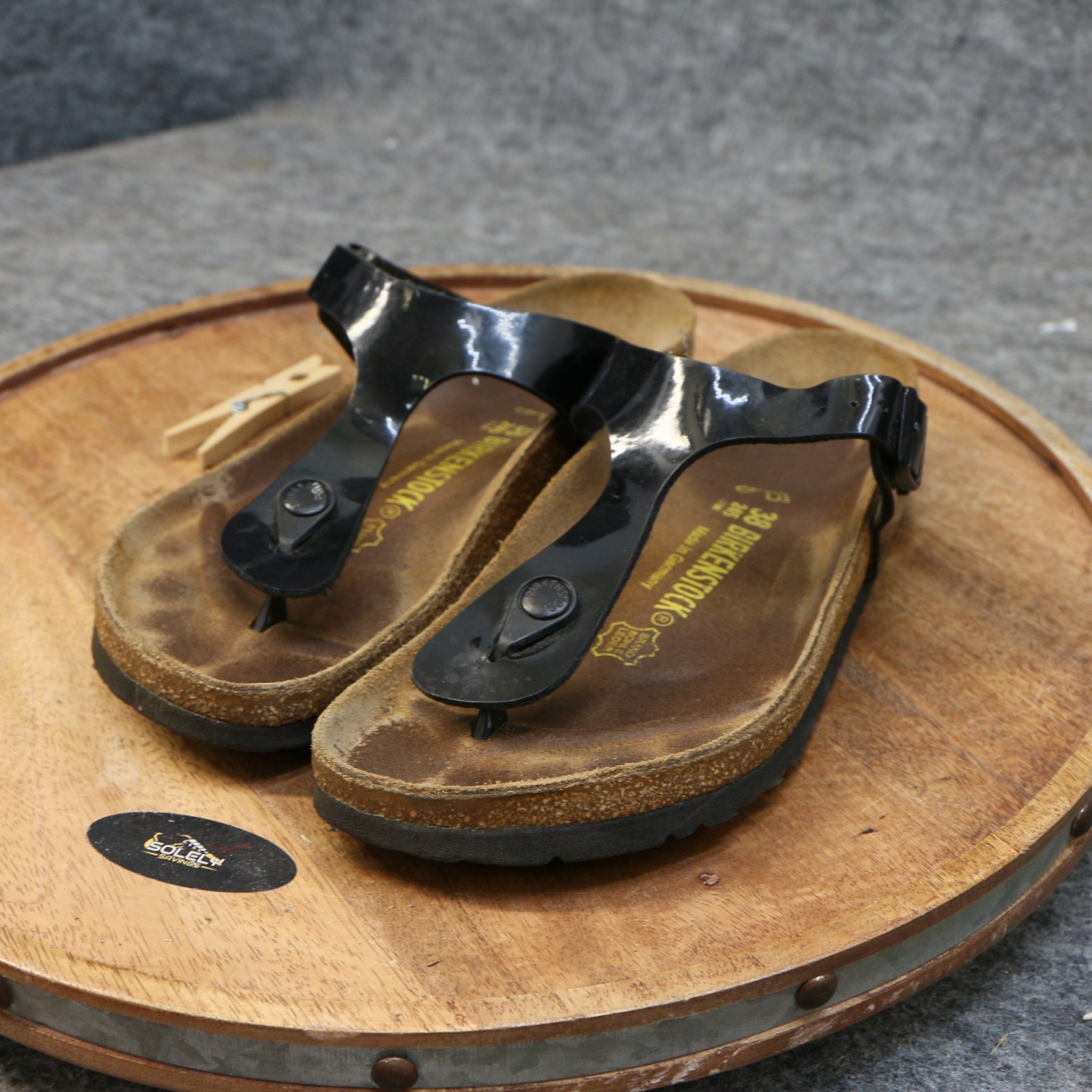 Birkenstock Womens Gizeh Black Patent Birko Flor Thong Sandals Size 38 US 7 Reg.