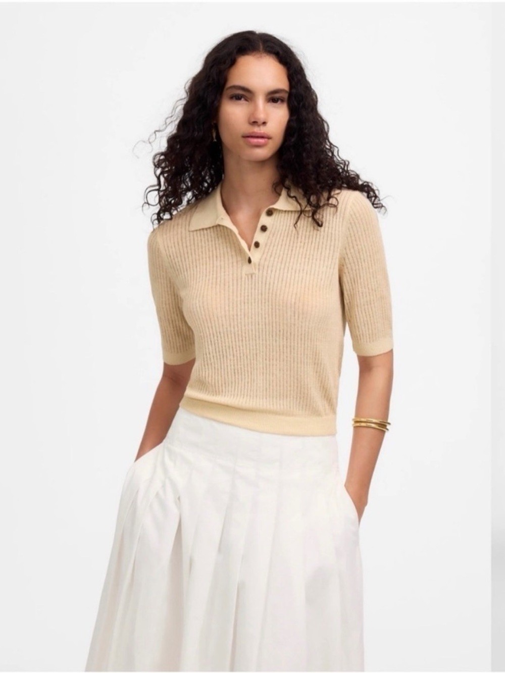 NWT Madewell Short-Sleeve Polo Sweater Tee in Beach Sand Large