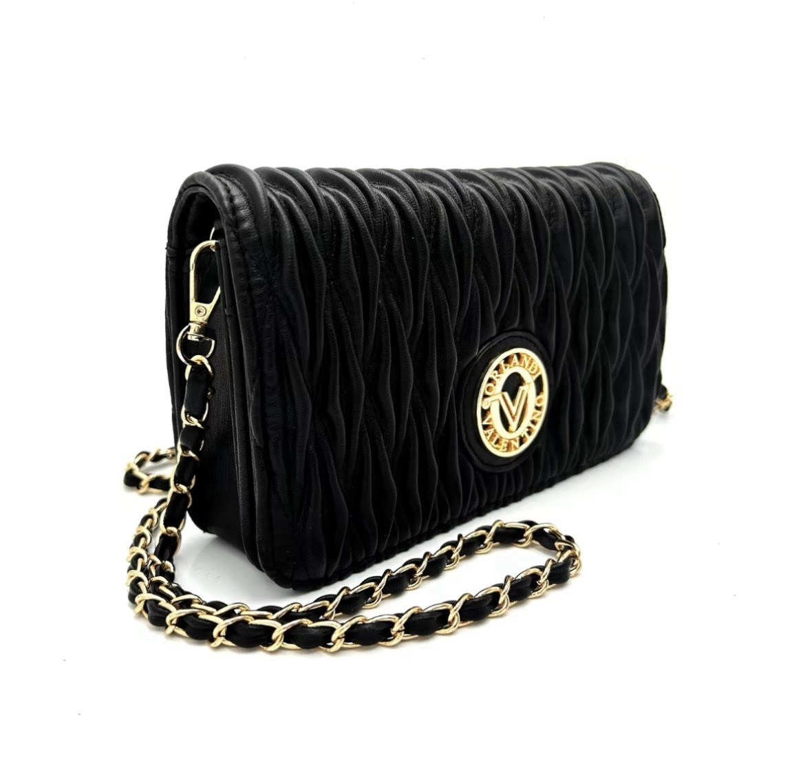 Mario Valentino Black Ruched Crossbody Bag Gold Logo Chain Detachable Strap Zip