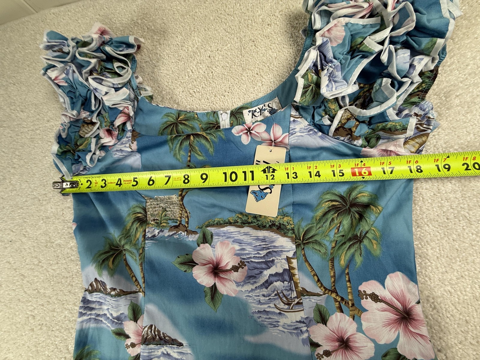 KY’S Hawaii Muumuu Dress Womens M Blue Floral Cotton Sundress Ruffle Hawaii