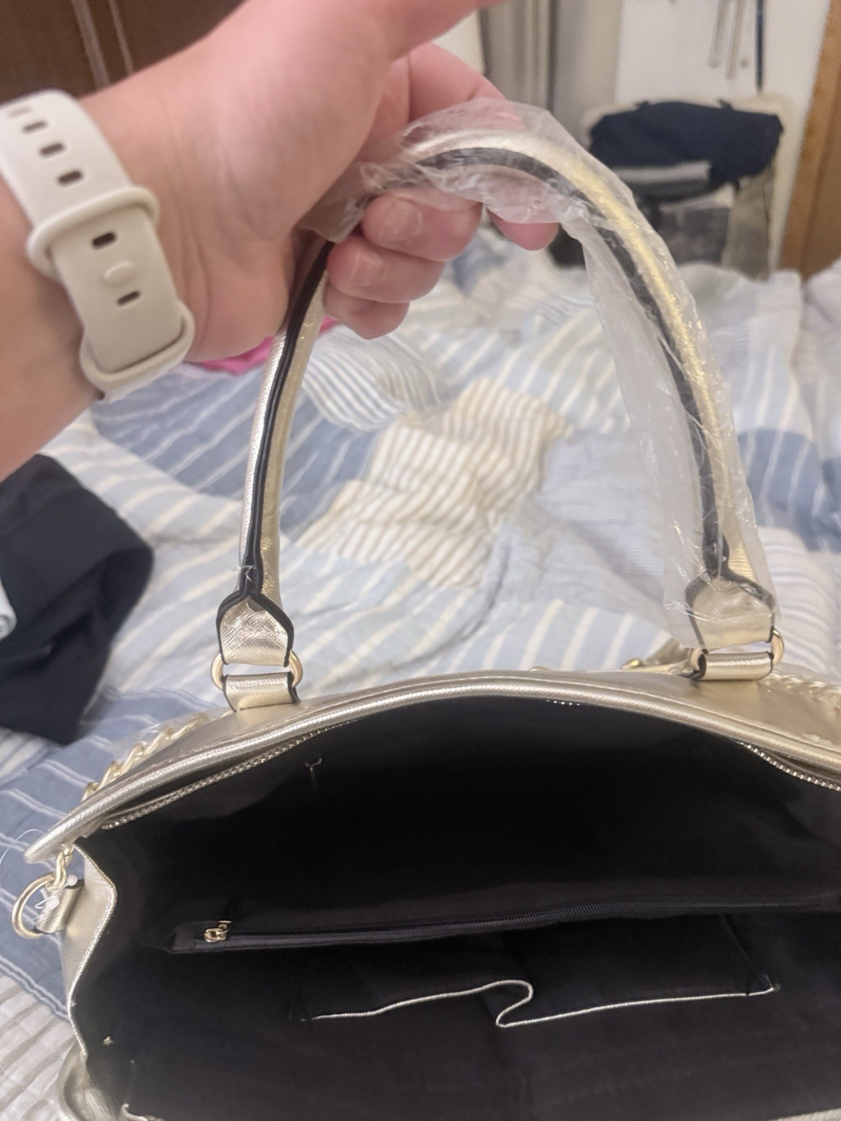 Metallic Gold Studded Satchel Top Handle Bag Zip Detachable Chain Strap Pockets
