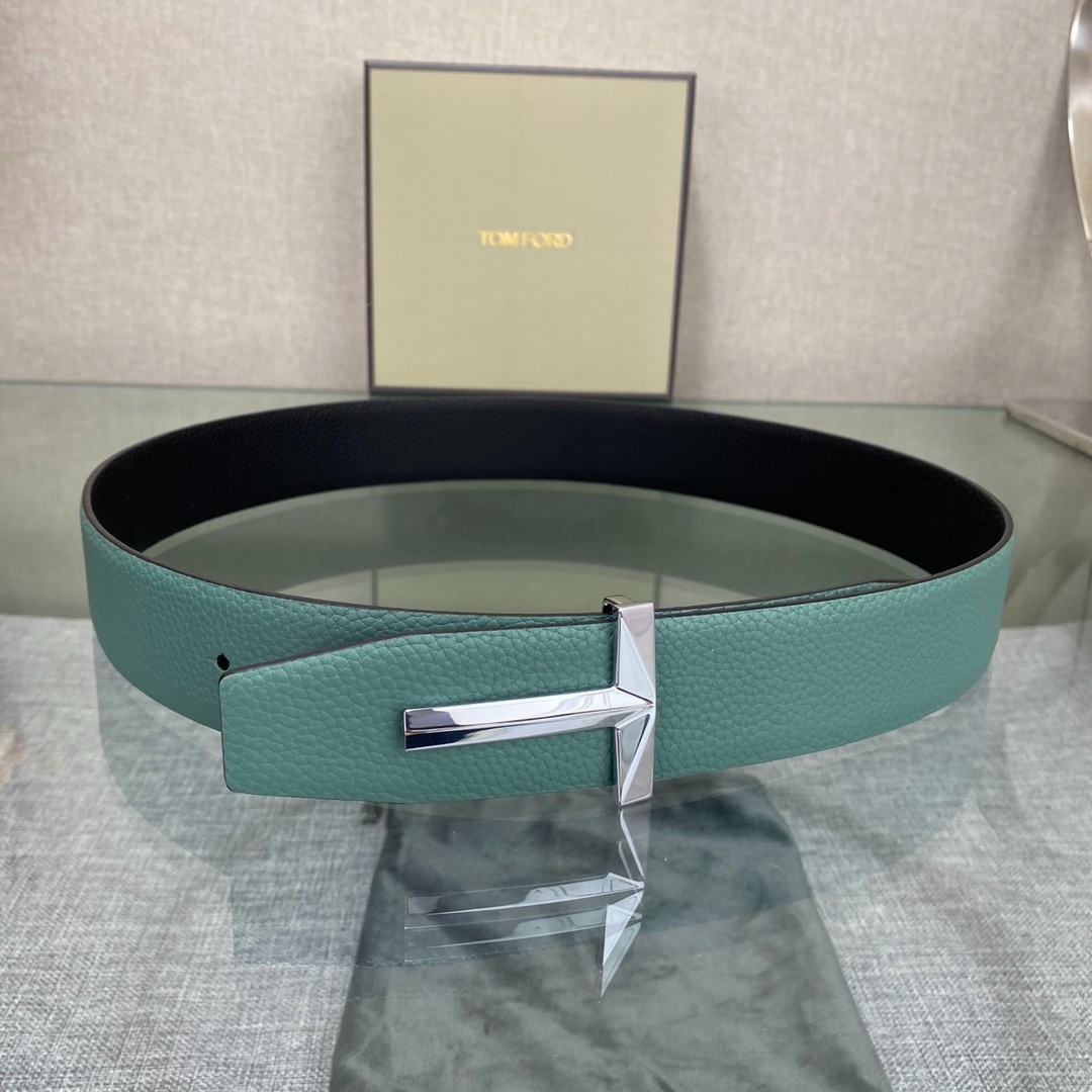 Tom Ford Green/Black Calfskin Reversible Belt Silvery Simple T Buckle