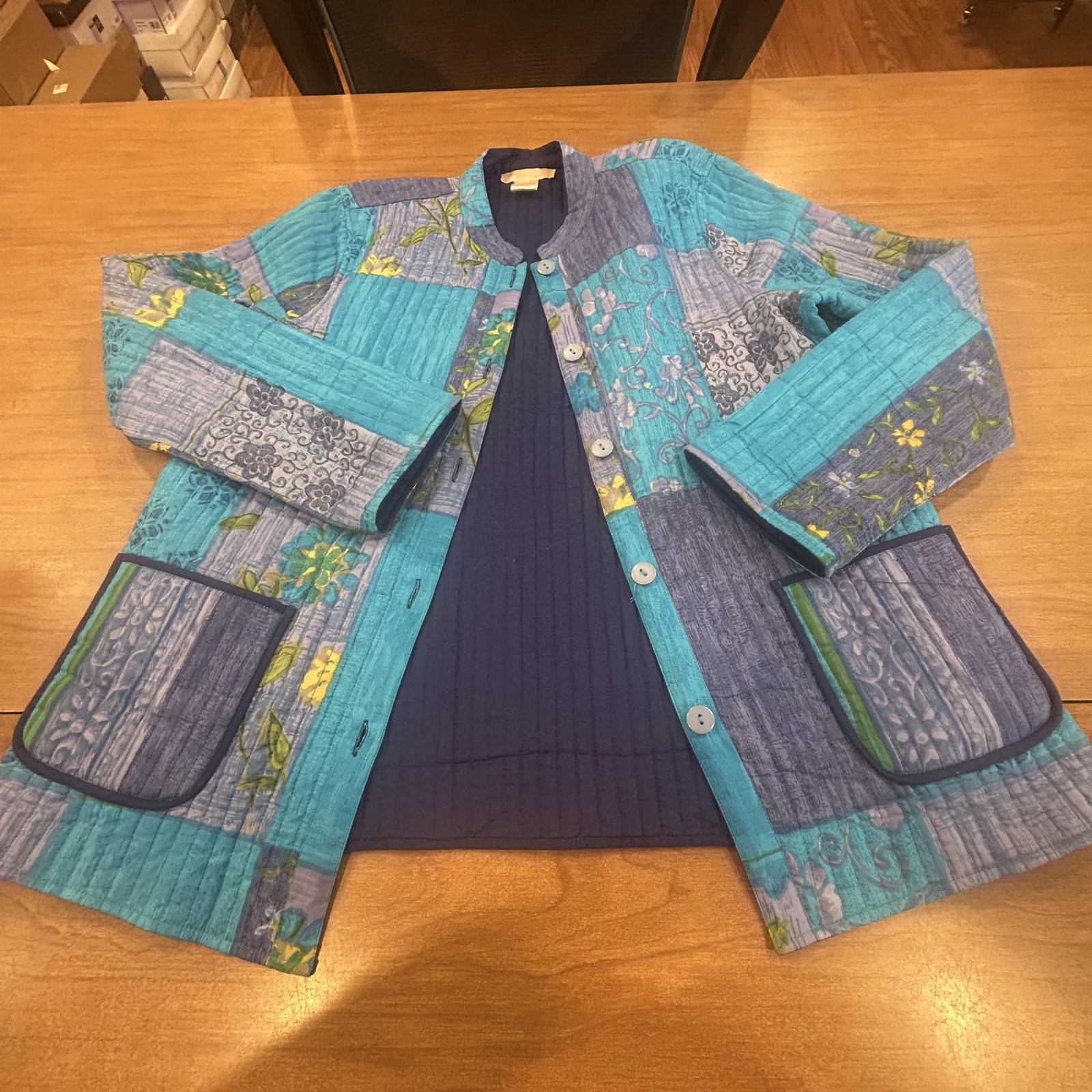 La Cera Jacket Womens Medium Blue Cotton Quilted Reversible Boho Floral Pockets