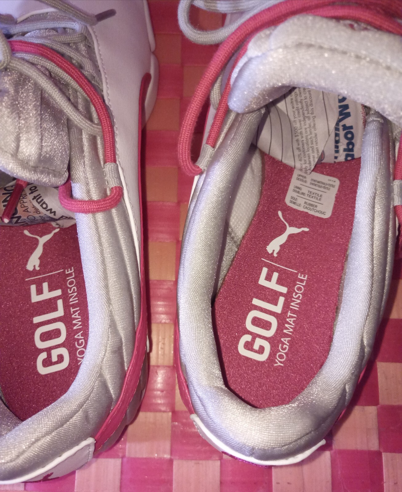 Sneakers, PUMA, White+Pink+Gray, textyle, Golf Yoga Mat Insoles, Women’s 8, preo