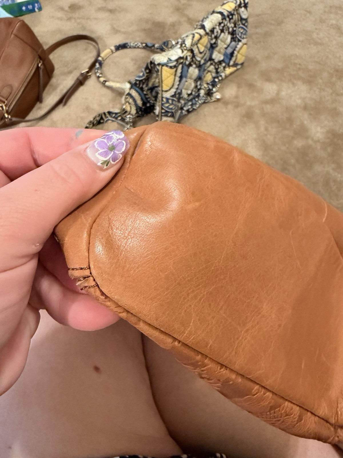 The Sak Brown Floral Embossed Shoulder Bag Zip Closure Studded Detach Strap
