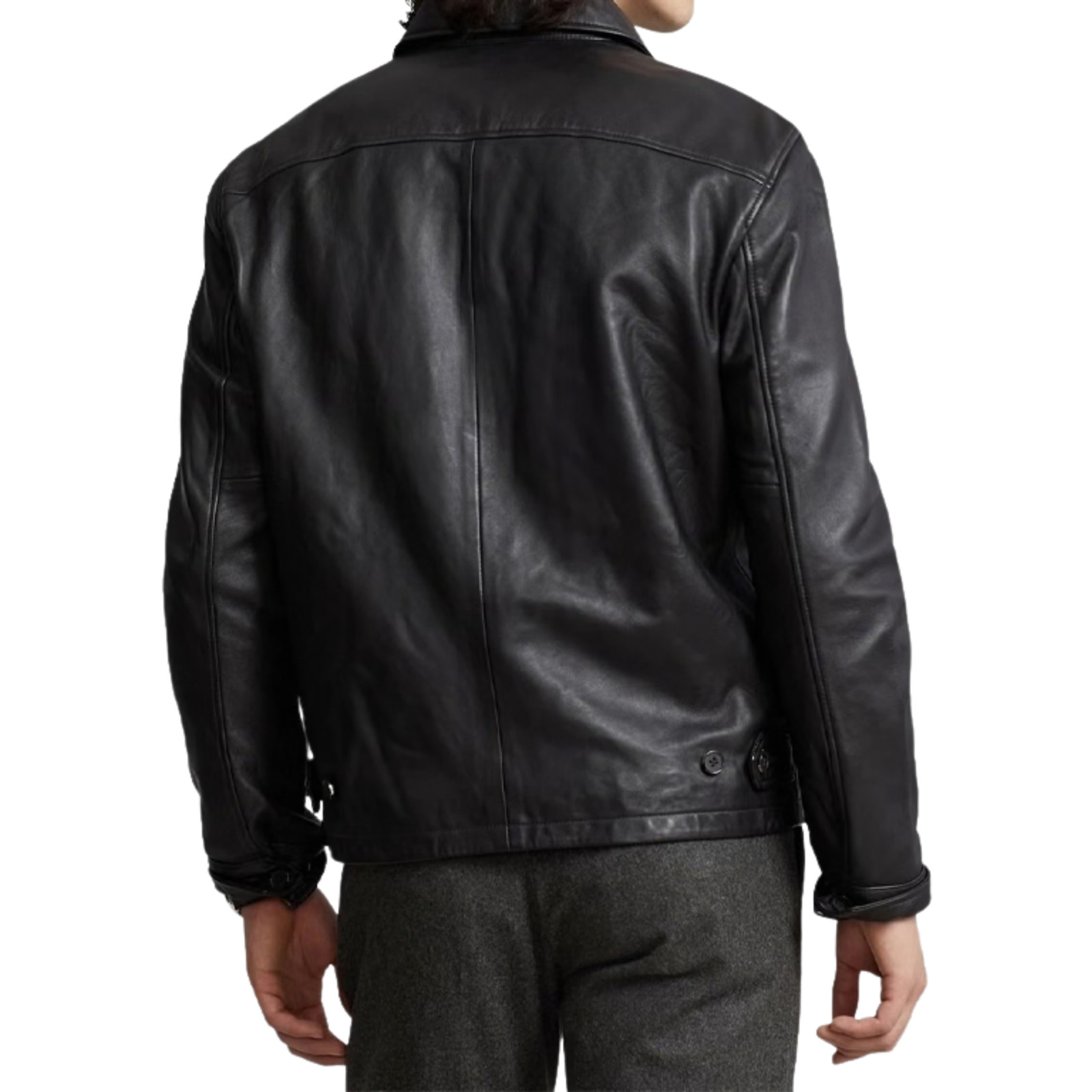 Lauren Ralph Design Black Polo Collar Leather Jacket Motorcycle Biker Casual Men