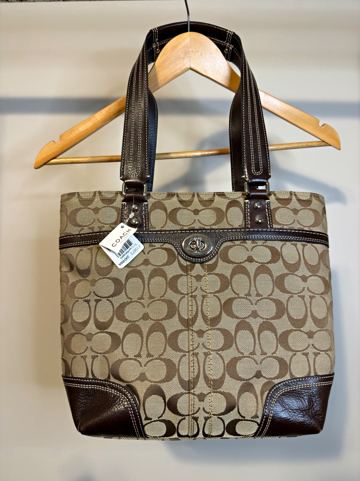 Coach Signature Monogram Brown/Beige Medium Tote Zip Top, Inner Pockets