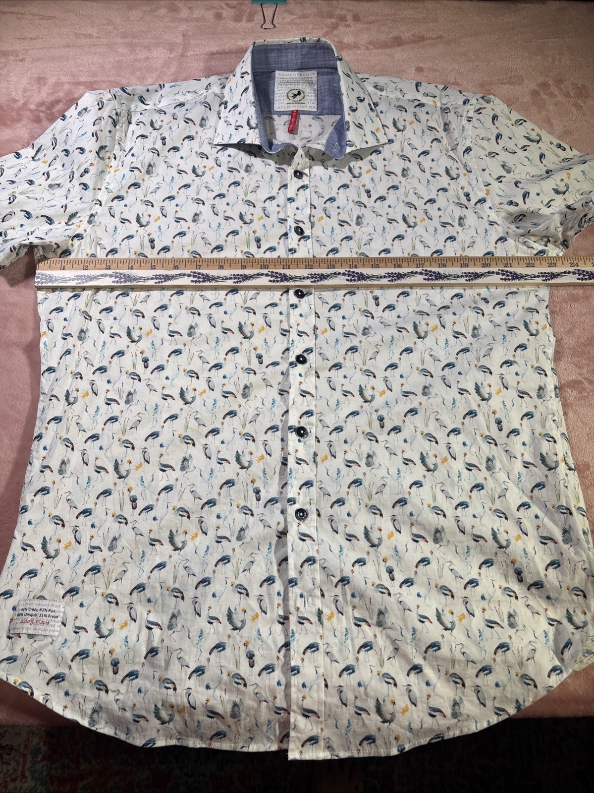 A Fish Named Fred Tropical Birds Short Sleeve Cotton Button Down Shirt XL