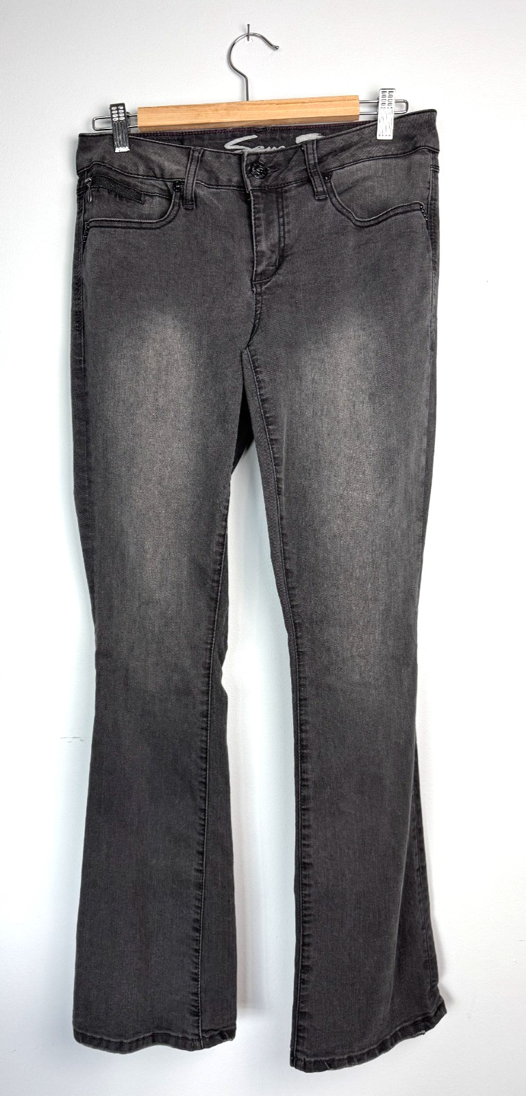 Seven Slim Bootcut Flare Leg Black Embroidered Rhinestone Pocket 8