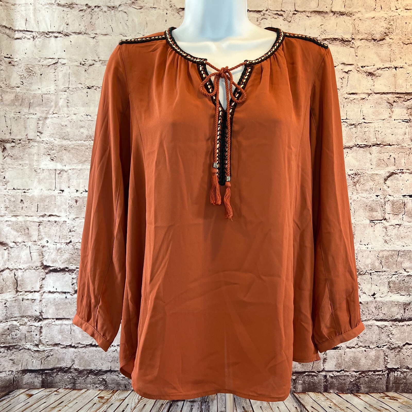 Dr2 Women’s Autumn Brown Long Sleeve Peasant Woven Tassel Hi-Low Blouse Small