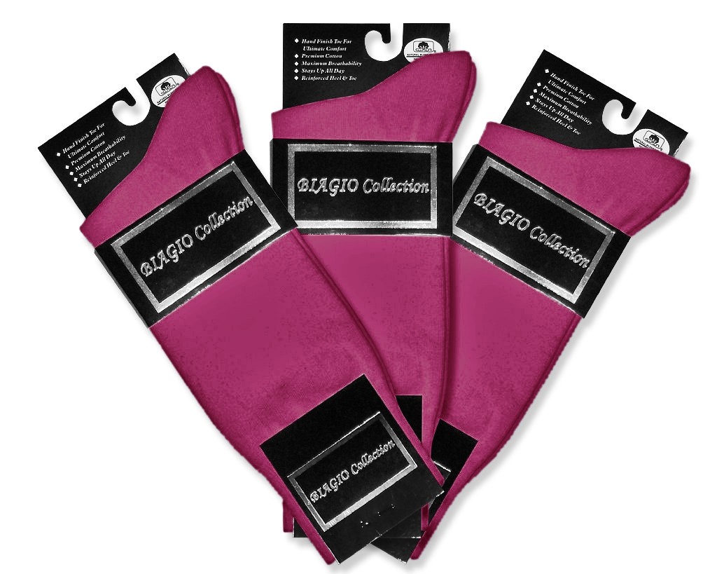 3 Pair of Biagio Men’s Solid HOT PINK Fuchsia Color Mens COTTON Dress SOCKS