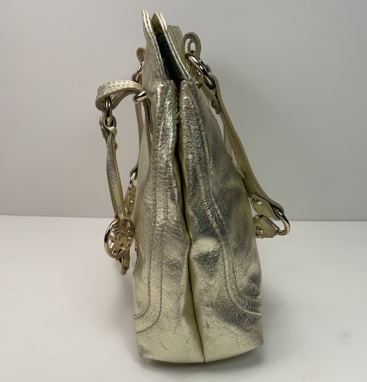 THE SAK Metallic Gold Leather Shoulder Purse Dividers Studded Hobo Handbag Bling