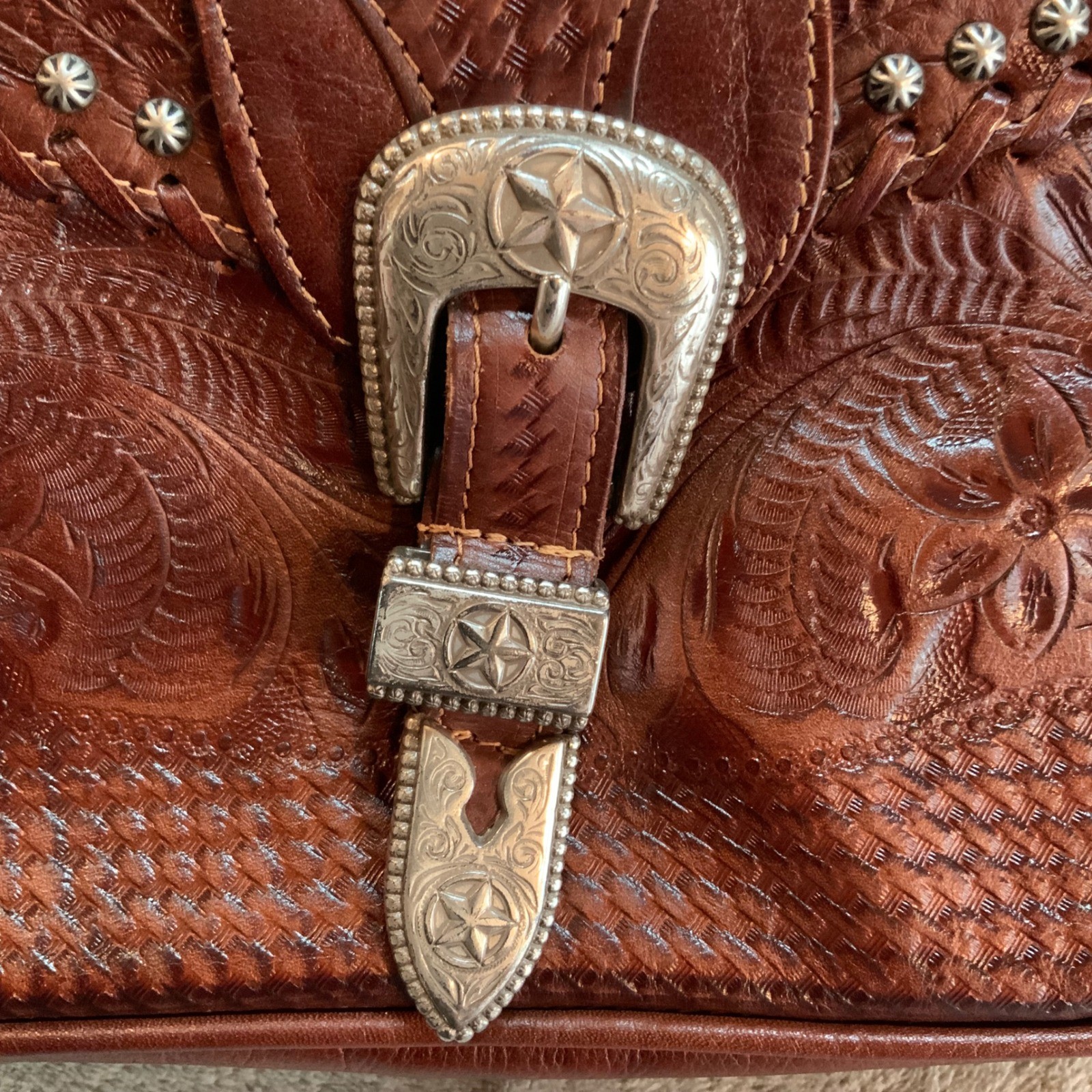 American West Tooled Leather Shoulder Bag Brown Western Buckle Star Studded Bag