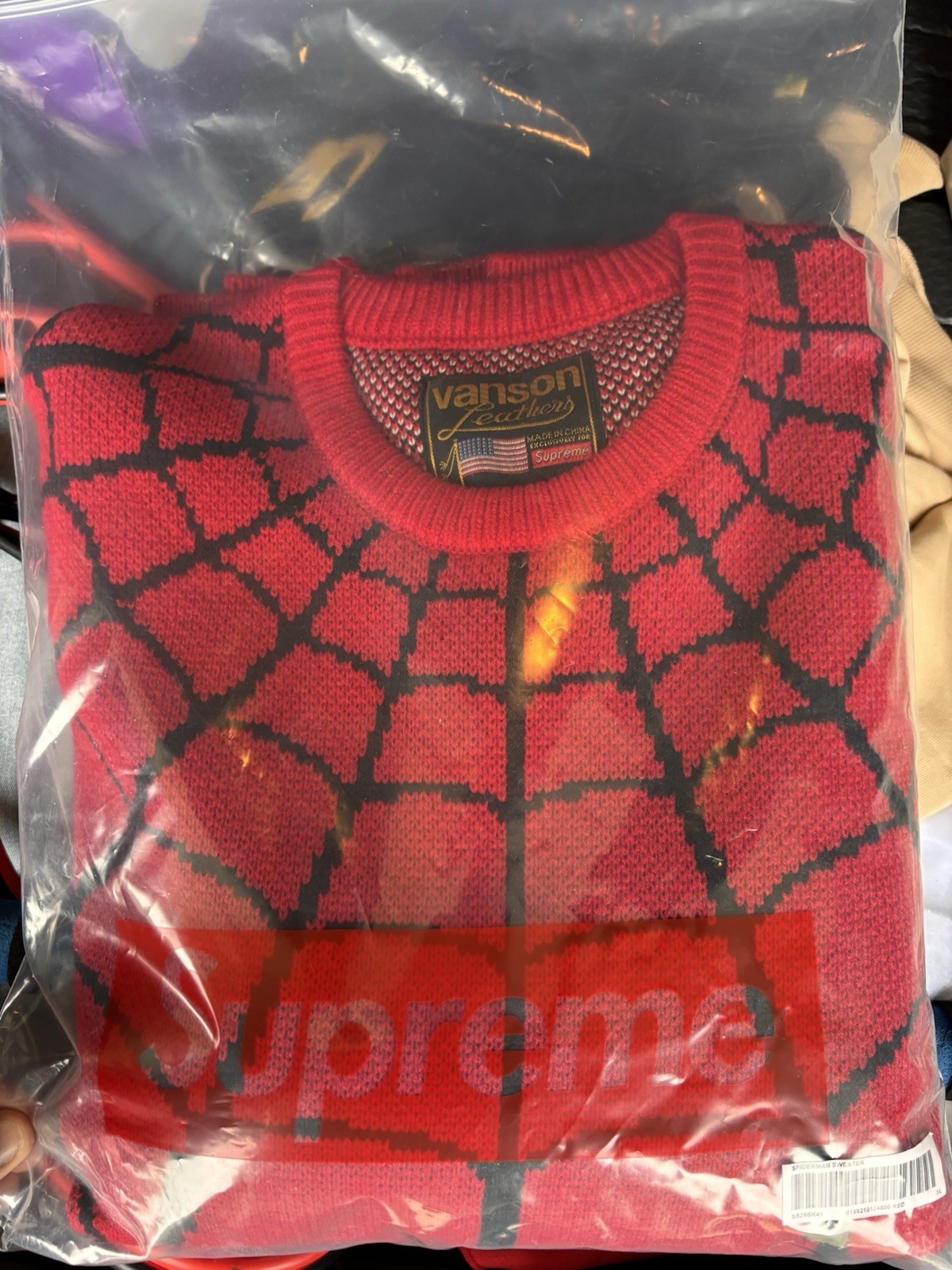 Supreme x Vanson Spider-Man Leather Knit Crewneck Sweater Red/Black XL