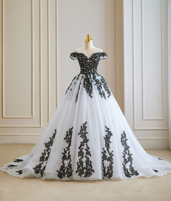 Black and White Wedding Dress Off Shoulder Lace A Line Lace Applique Bridal Gown