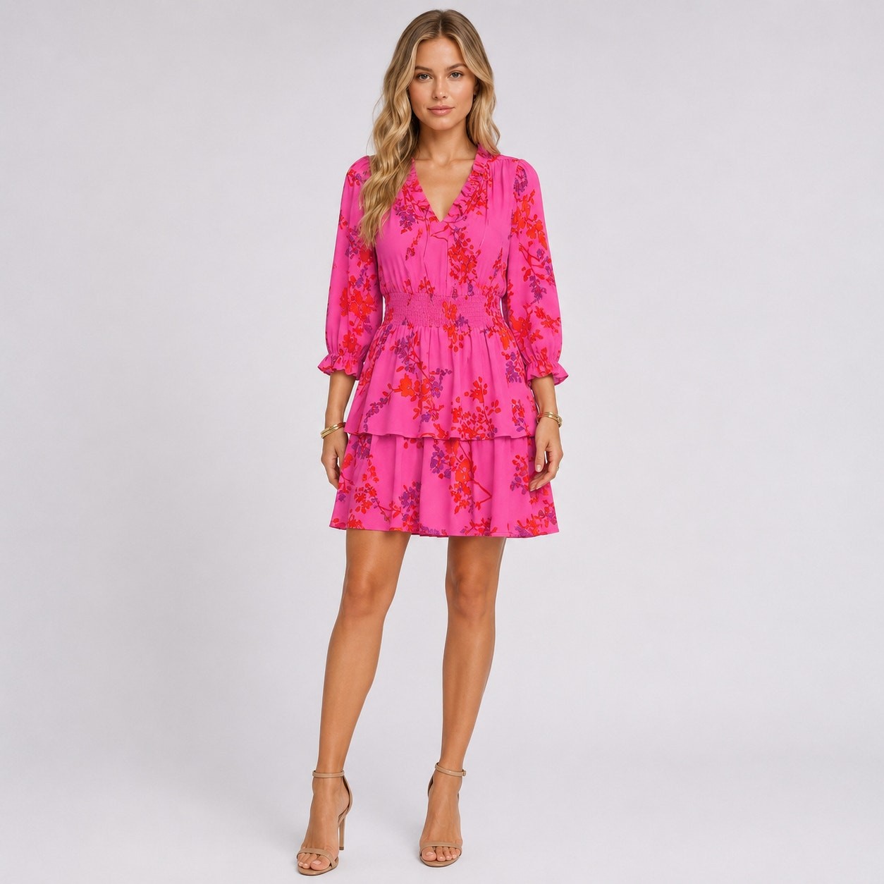 NWT Sugarlips Smocked Tiered Summer Dress Boho Fushia Size L