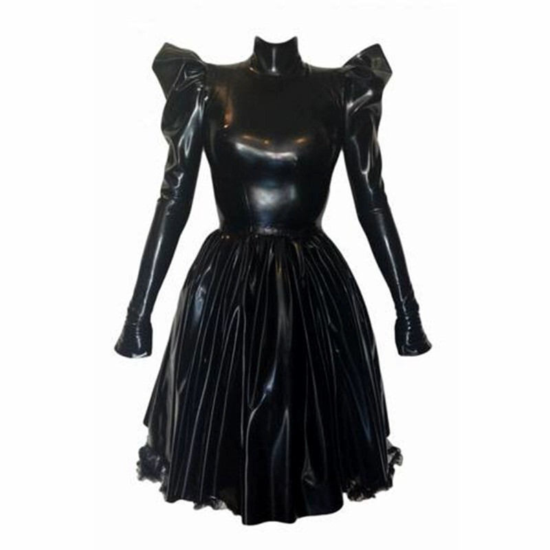 Latex Rubber Gummi Catsuit Sexy Black Dress Ruffles Sweet Customized 0.4mm