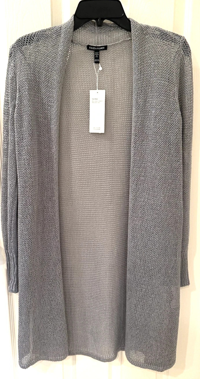 NWT $298 Eileen Fisher Organic Linen Cotton Cord Long Cardigan PP Greystone