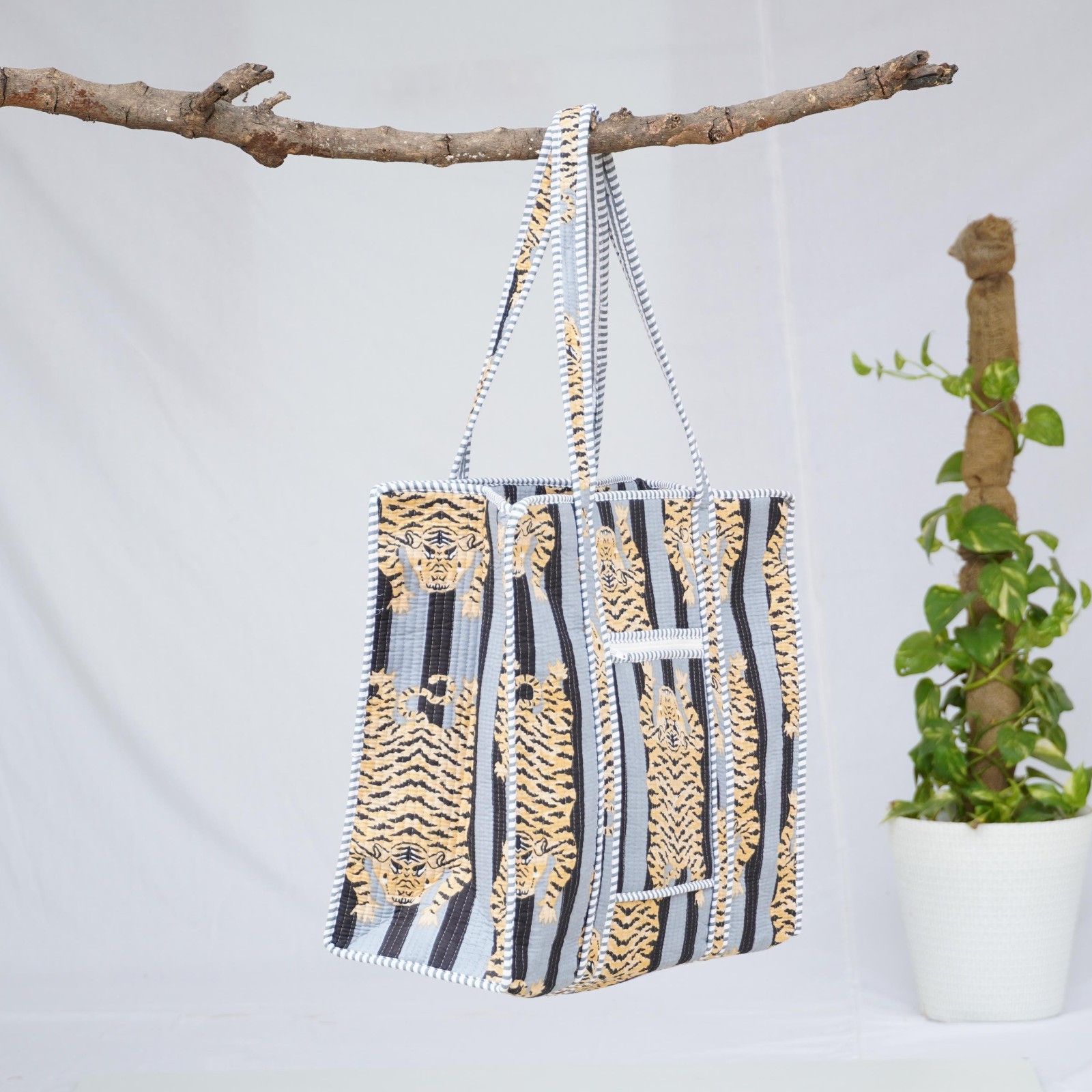 Handmade Cotton Tote Bag Grey Black Tiger Print Boho Shoulder Shopper Bag