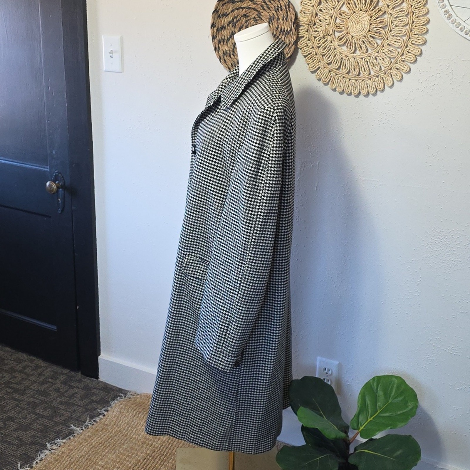 Vtg Penney’s Gentry Black & White Houndstooth Wool Maxi Coat Men’s XL Unisex