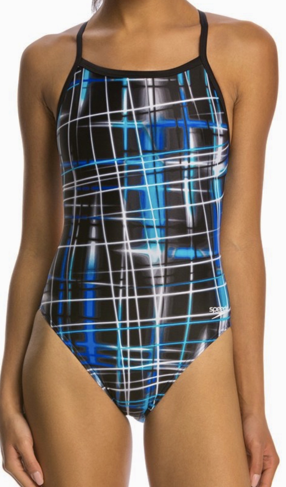 SPEEDO Laser Sticks Fly Back Black Blue White Swim Suit Womens 2 28 30 6 32 8 34