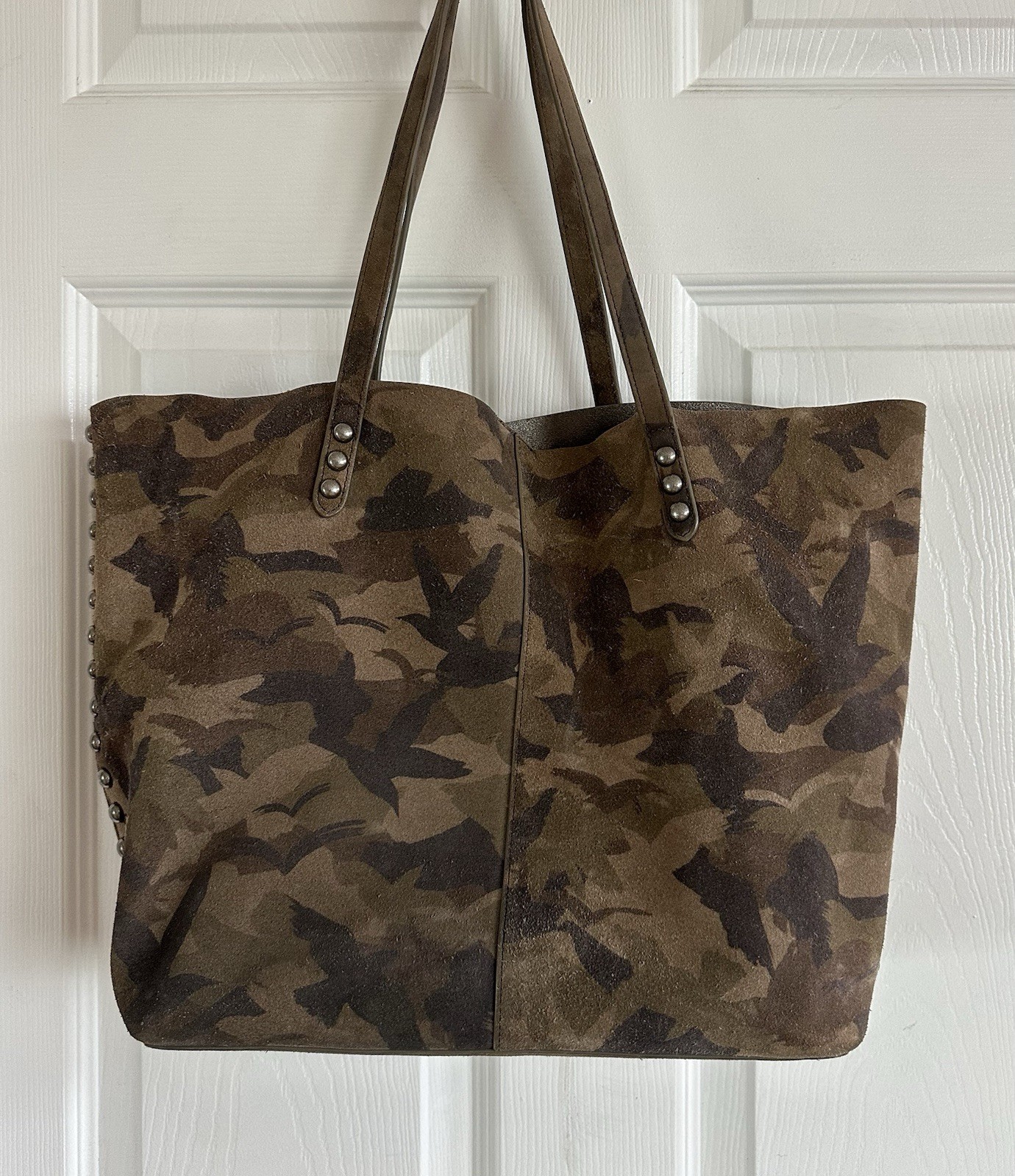 Rebecca Minkoff Suede Camo Studded Tote Handbag In Olive And Brown