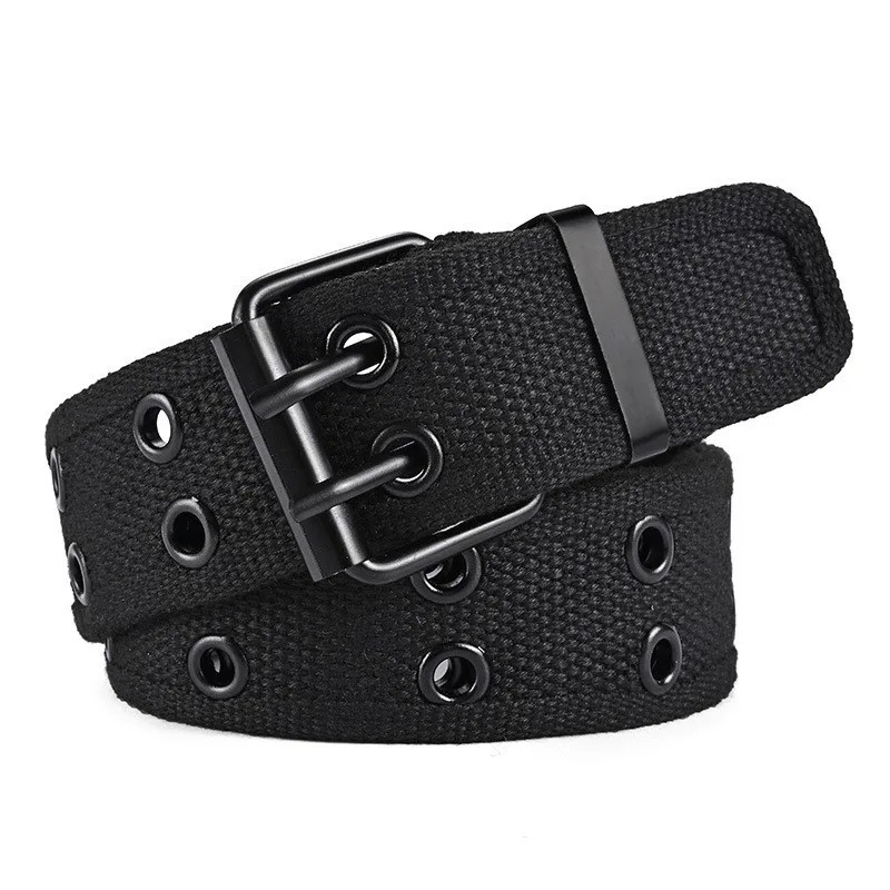 Unisex Canvas Belt Double Grommet Hole Men Women Stylish Buckle Jean Belt