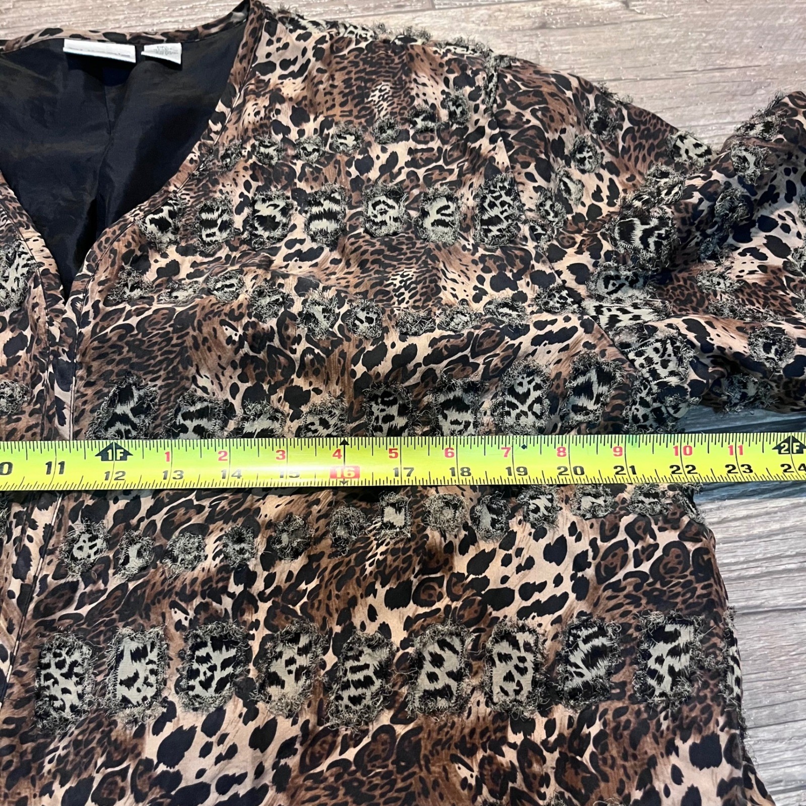 Chico’s 100% Silk Leopard Print Eyelash Textured Open Front Jacket Brown Sz Lg