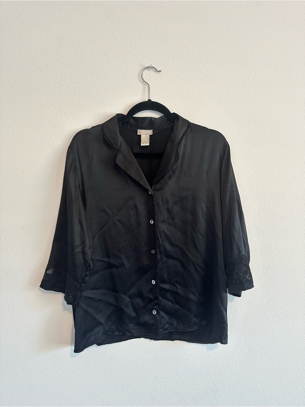 Nordstrom 100% Silk Black Button-Front Collared Top with Lace Trim Size M Luxe