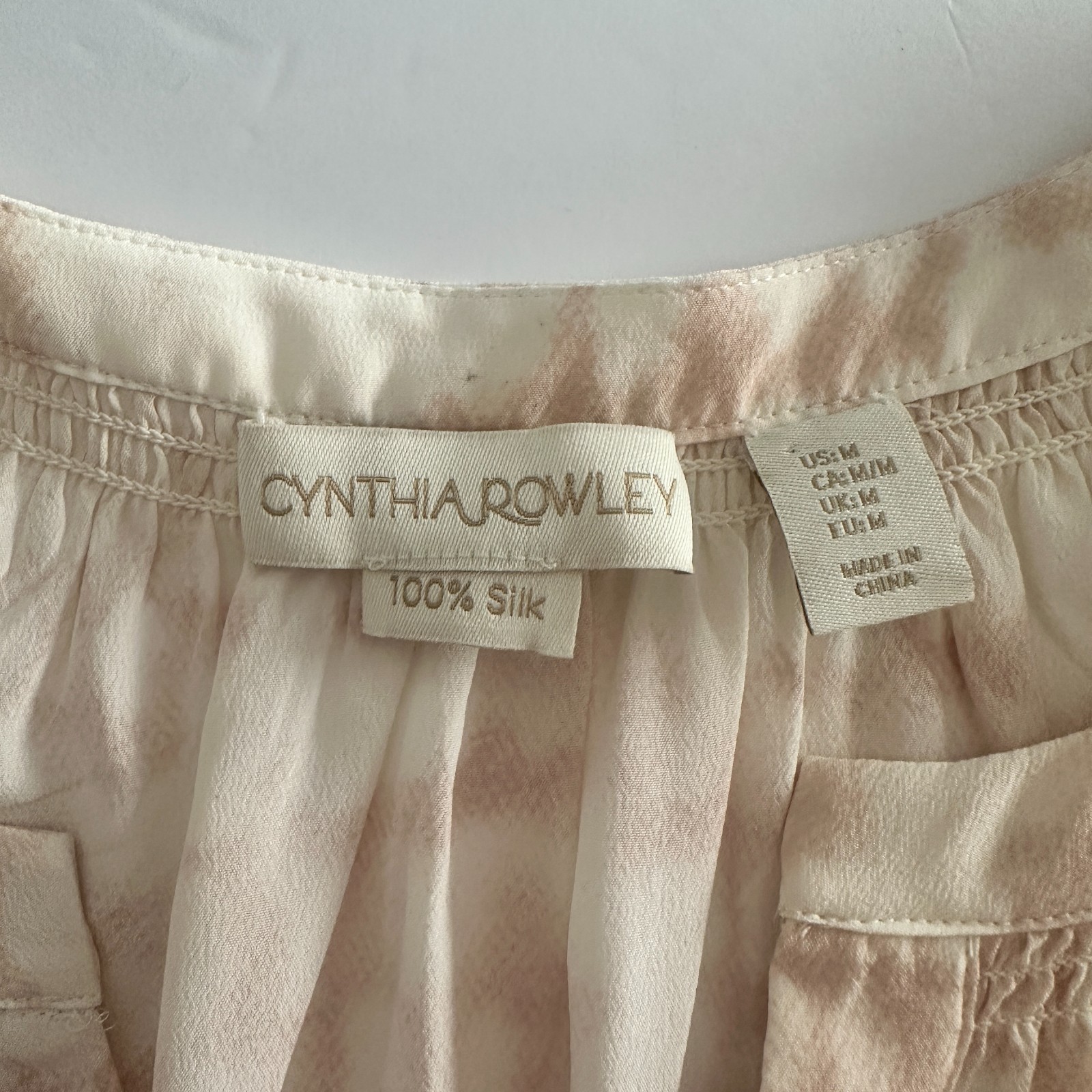 Cynthia Rowley 100% Silk Blouse Blush Pink White Tie Dye Peasant Top Boho M