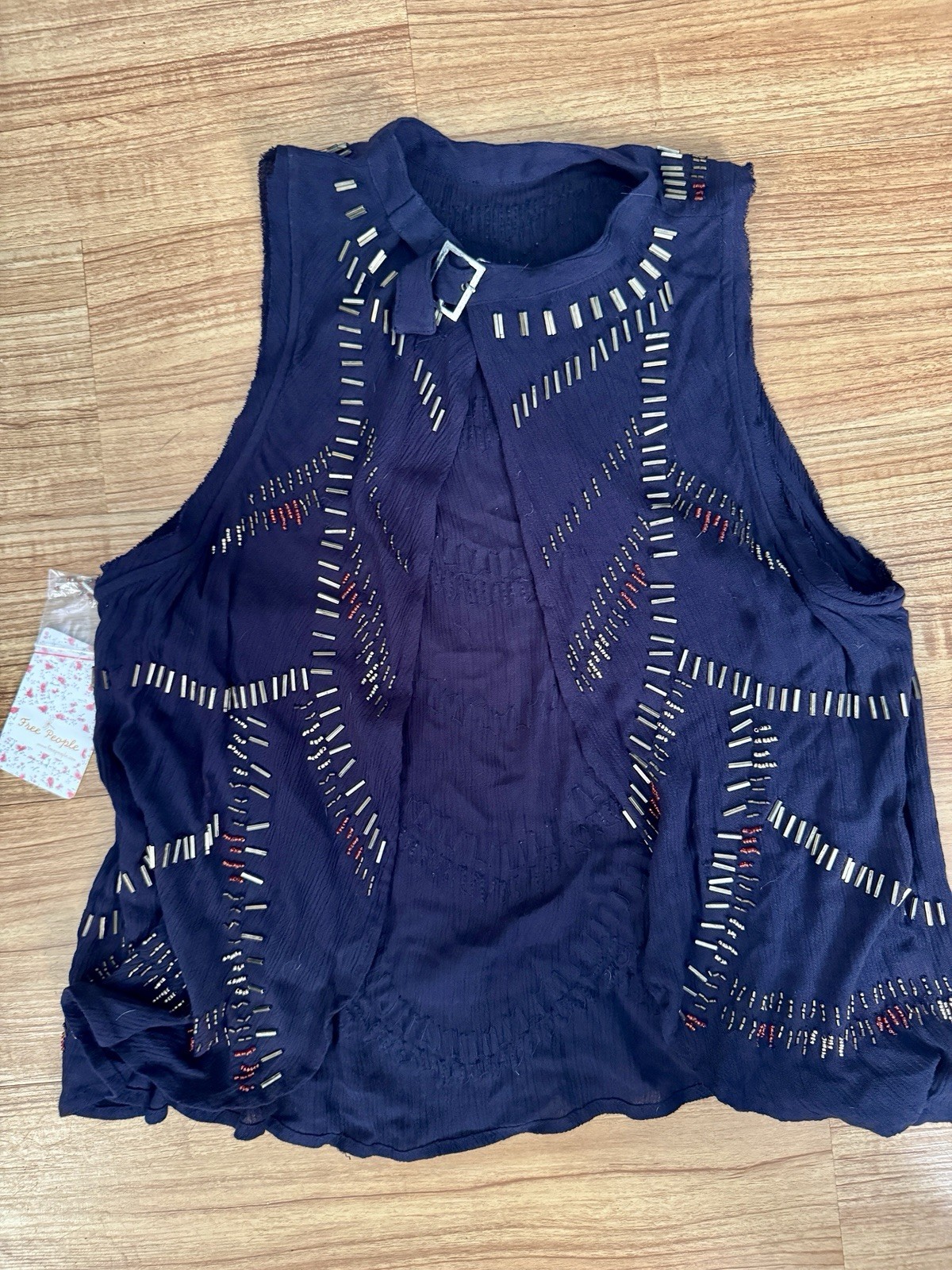 Free People Beaded Embellished Navy Sleeveless Tunic Top XS NWT $128 Boho