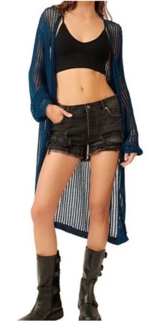 NWT Free people size M Lattice open knit cardigan in blue long has tassles