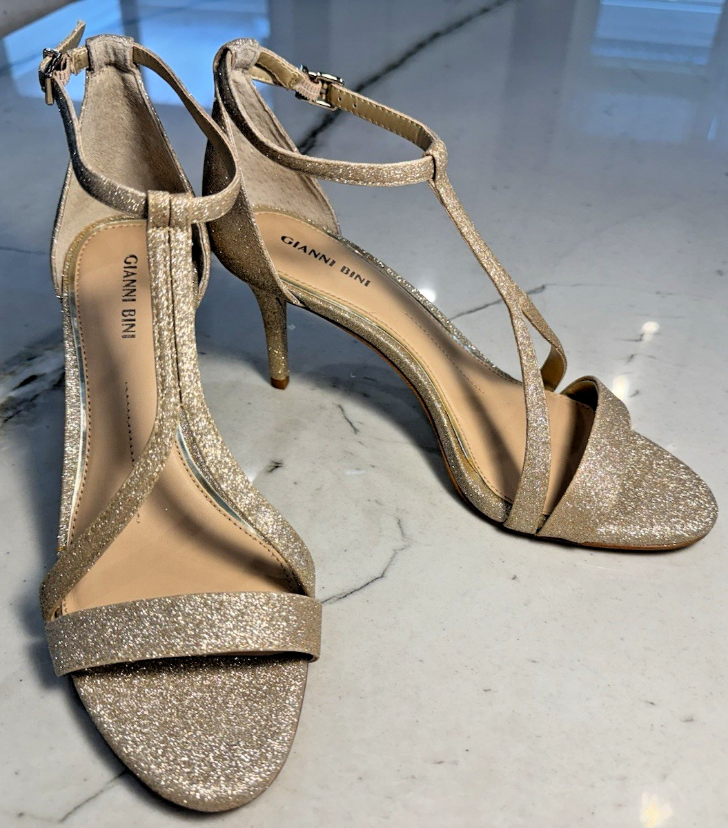 Gianni Bini Shaylinn sand gold t-strap strappy heels glitter sparkle shiny 9.5