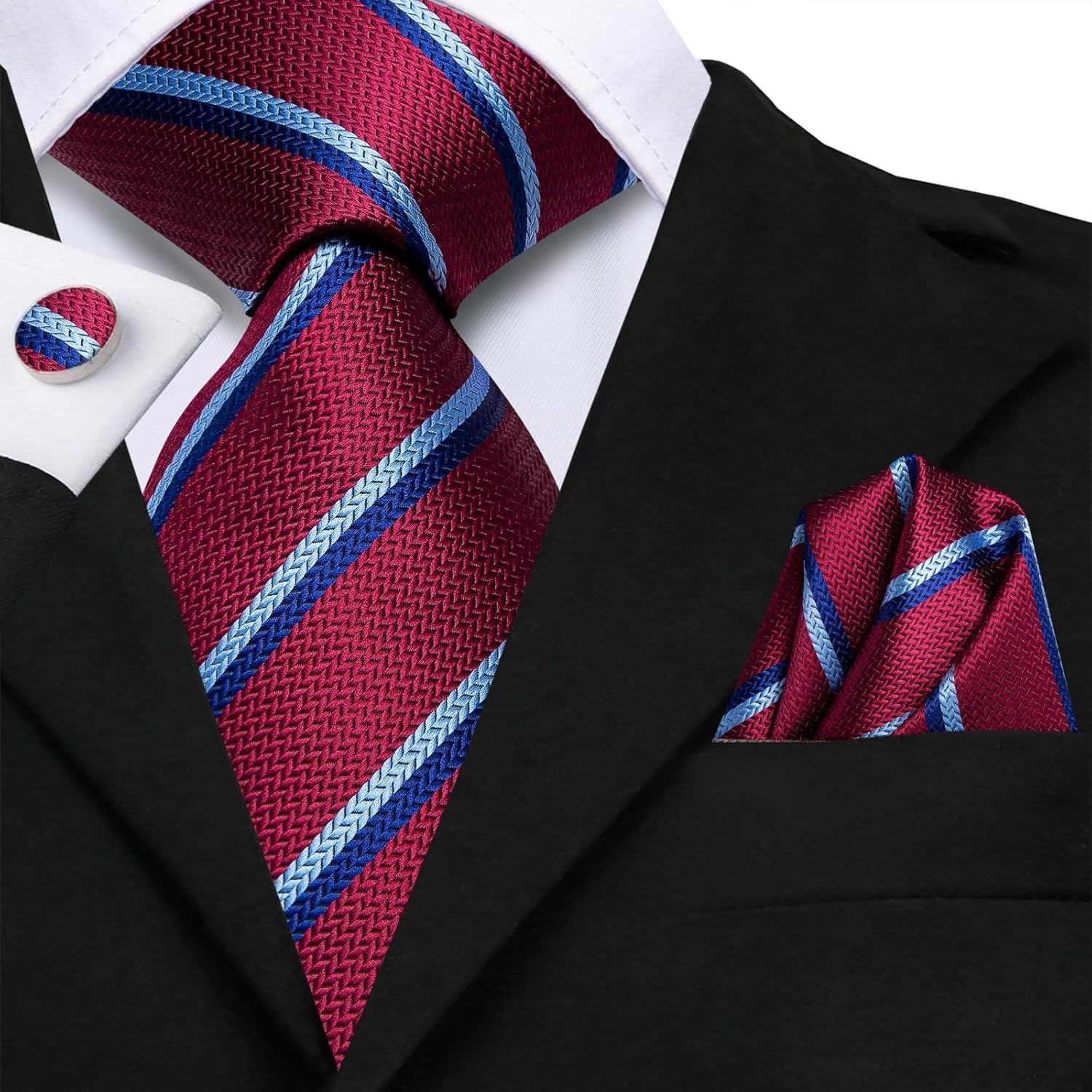 Mens Paisley Striped Tie WOVEN Necktie for Men and Handkerchief Cufflinks Set We