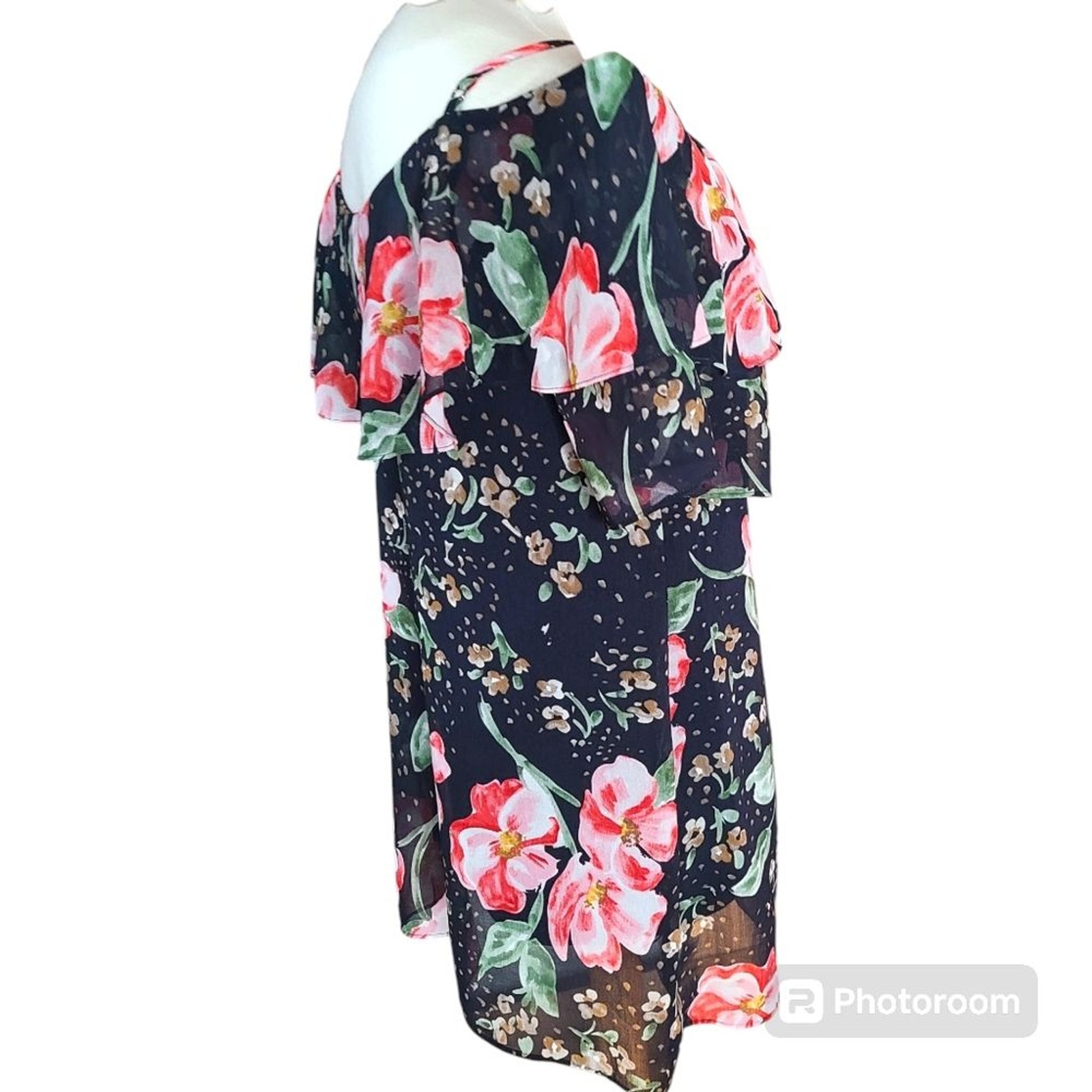 CABI Size Medium Navy Pink Floral Ruffled Off the Shoulder Blouse Coastal Chic