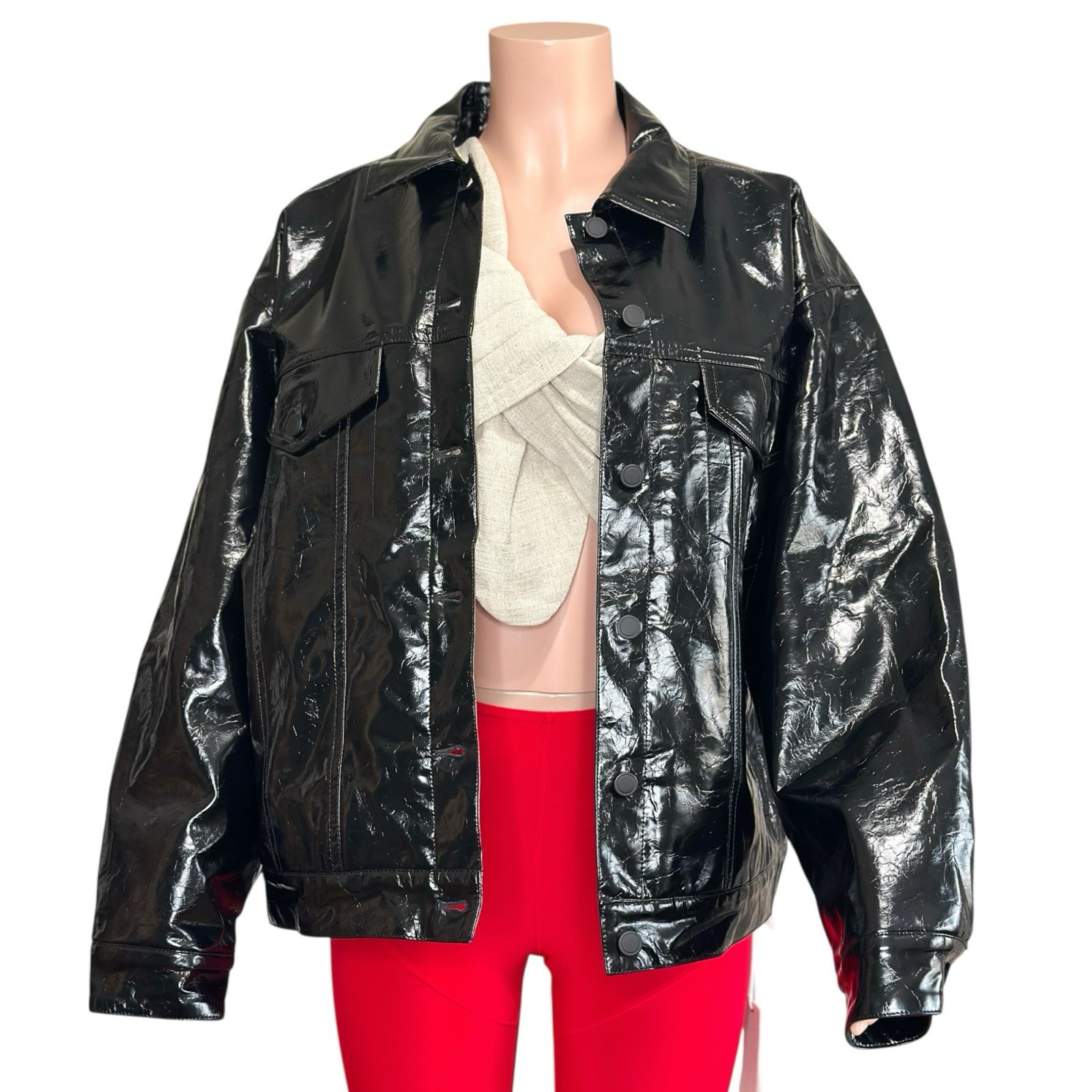 $225 NWT GOOD AMERICAN Faux Crinkle Leather Oversized Puffer Jacket, Black, L/XL
