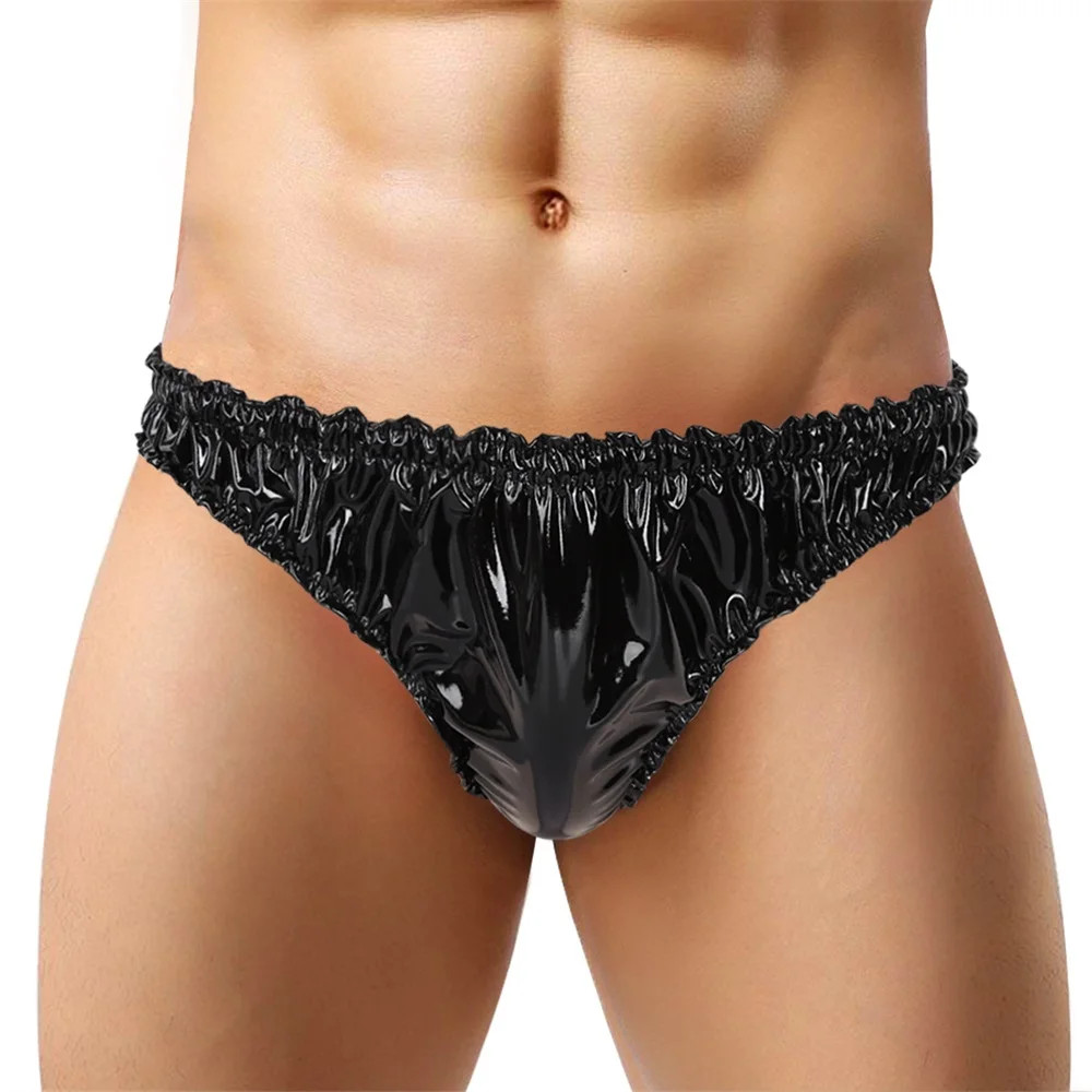 Men PVC Leather Low-Waisted Shiny Brief Belt Elasticated Men Bikini Panties