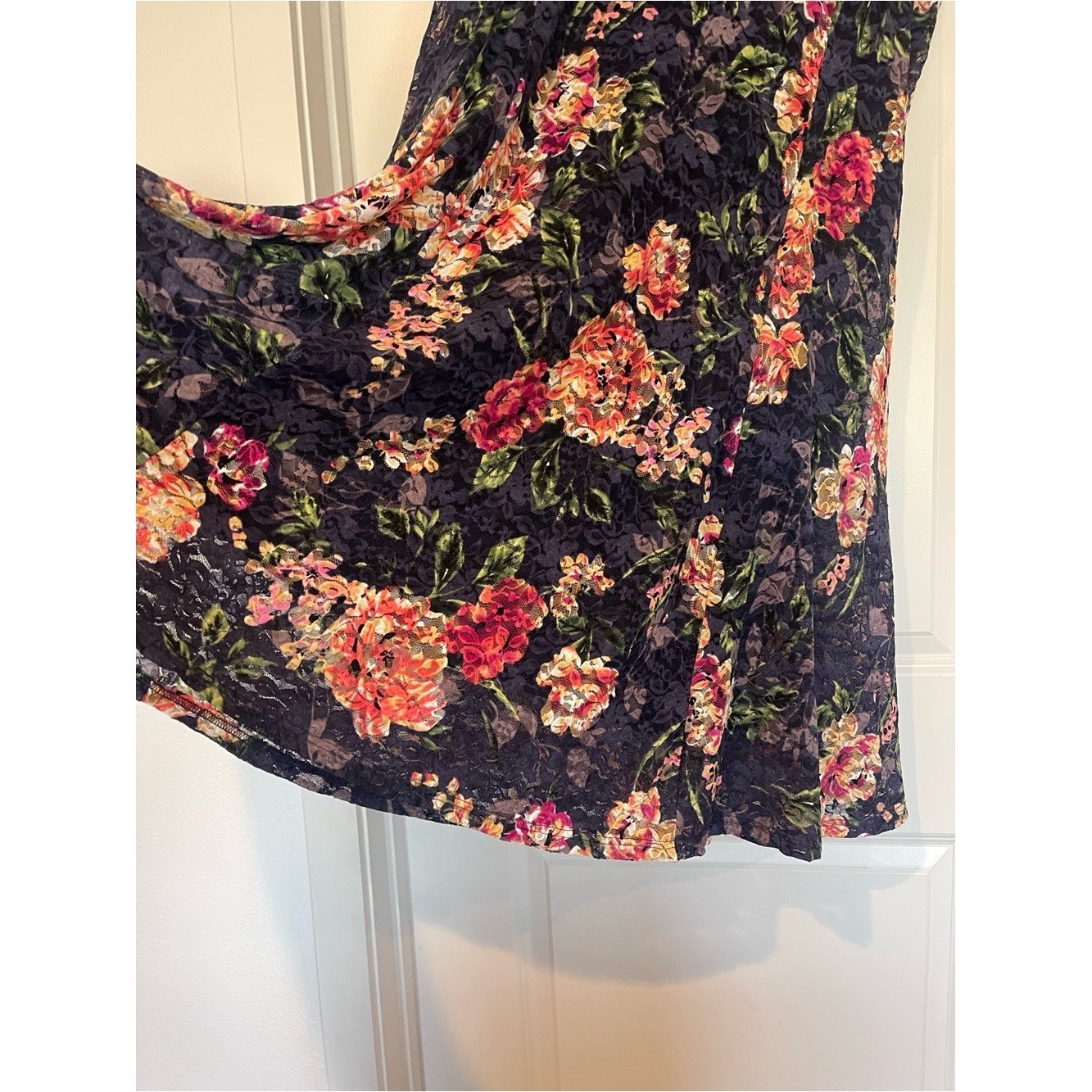 Papillon Navy Floral Sleeveless Midi Dress with Pink & Green Accents Flowy Lace