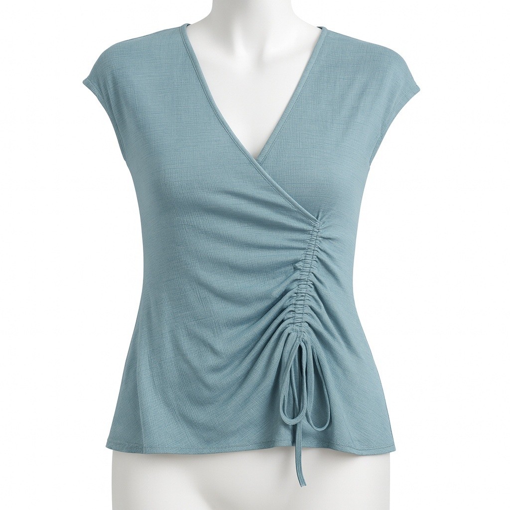 Max Studio Blouse Womens XS Mineral Blue Ruched Wrap Top Sleeveless Stretch